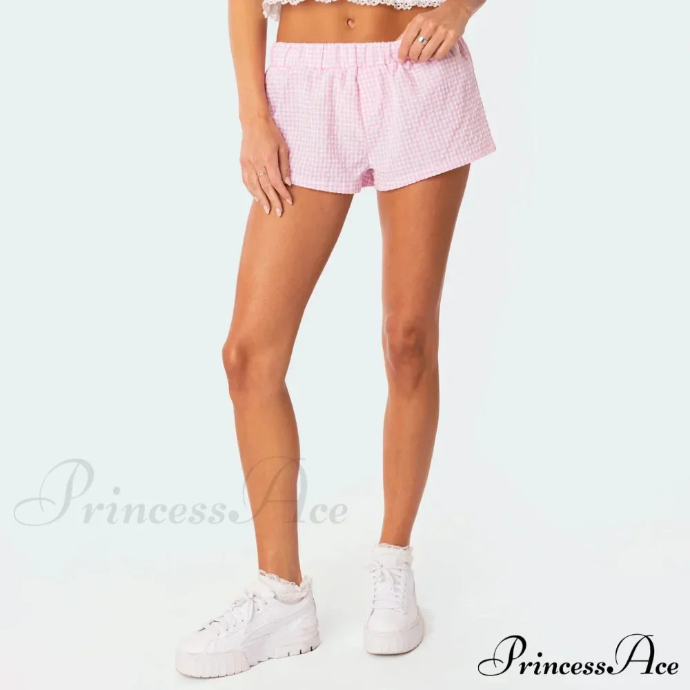 Y2K pohodlné měkké pružné nízké pasové pyžamové kalhoty s knoflíky a kostkovaným vzorem krátké