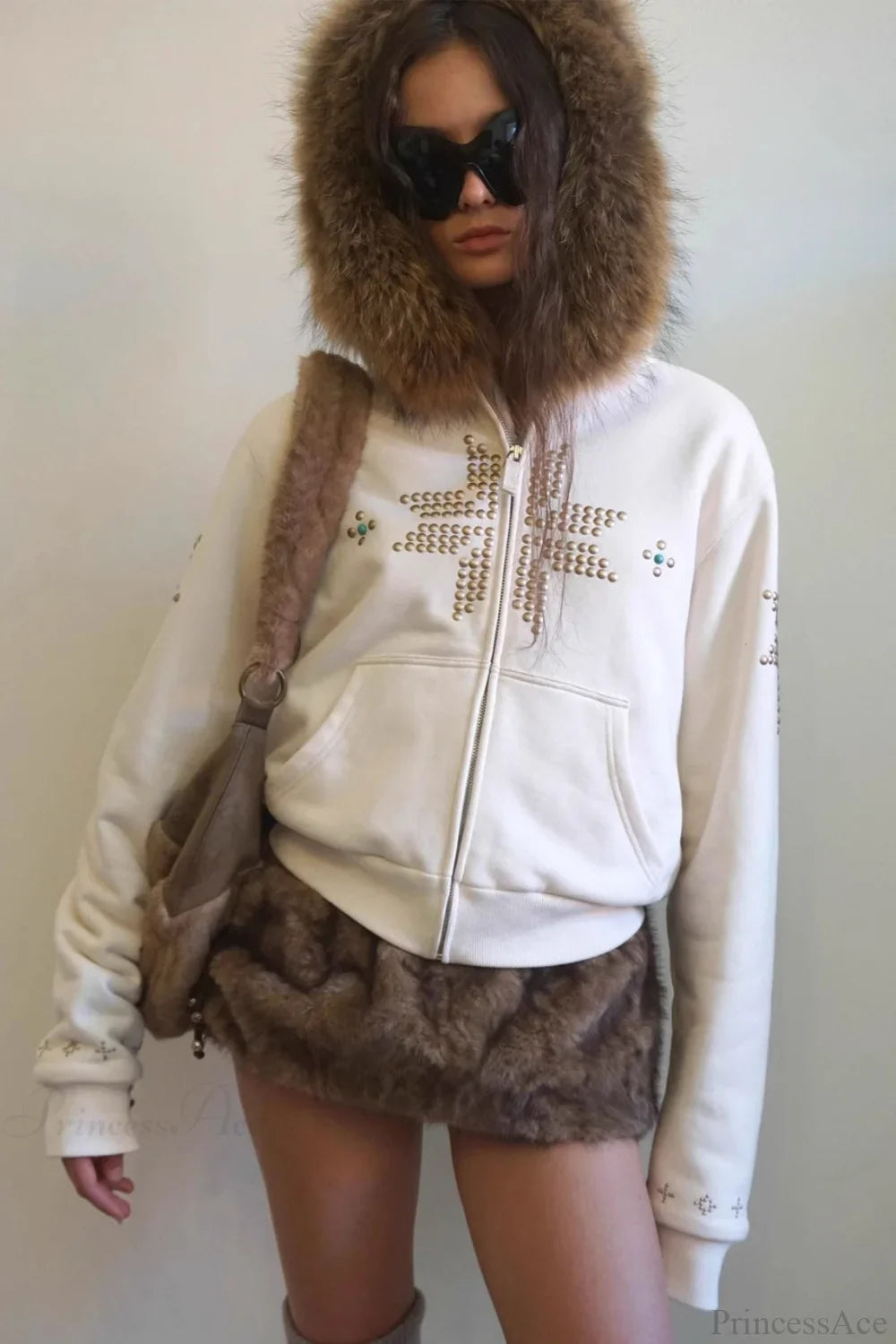 Y2K Sherpa Collar Rhinestone Zip-Front Waist-Cinched Hoodie