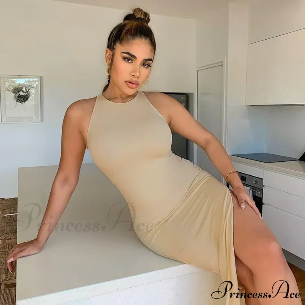 Vestido Longo Justo Y2K Sólido com Fenda, Envolvente para Festa na Balada, Costas Abertas e Elegante