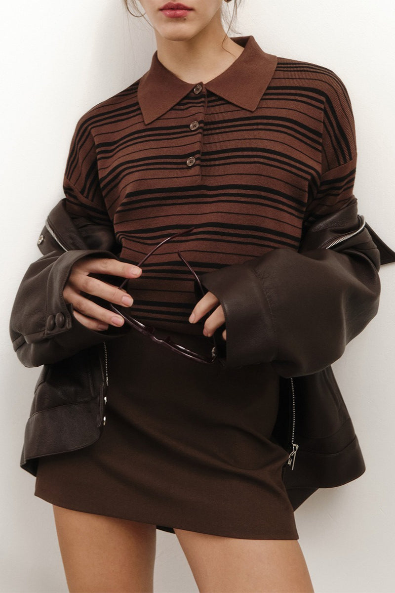 Color-block Stripe Fitted Polo Knit Blouse