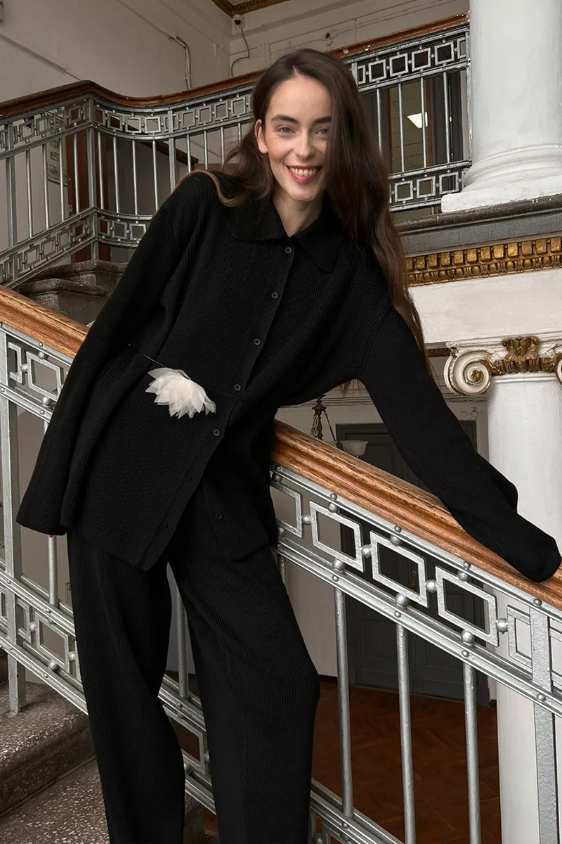 Knit Ribbed Collar Long Sleeve Loose Two Piece Set