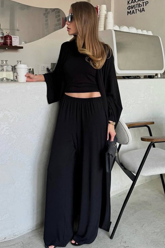 Solide Strickfließender Langarm-Morgenmantel Dreiteiliges Set