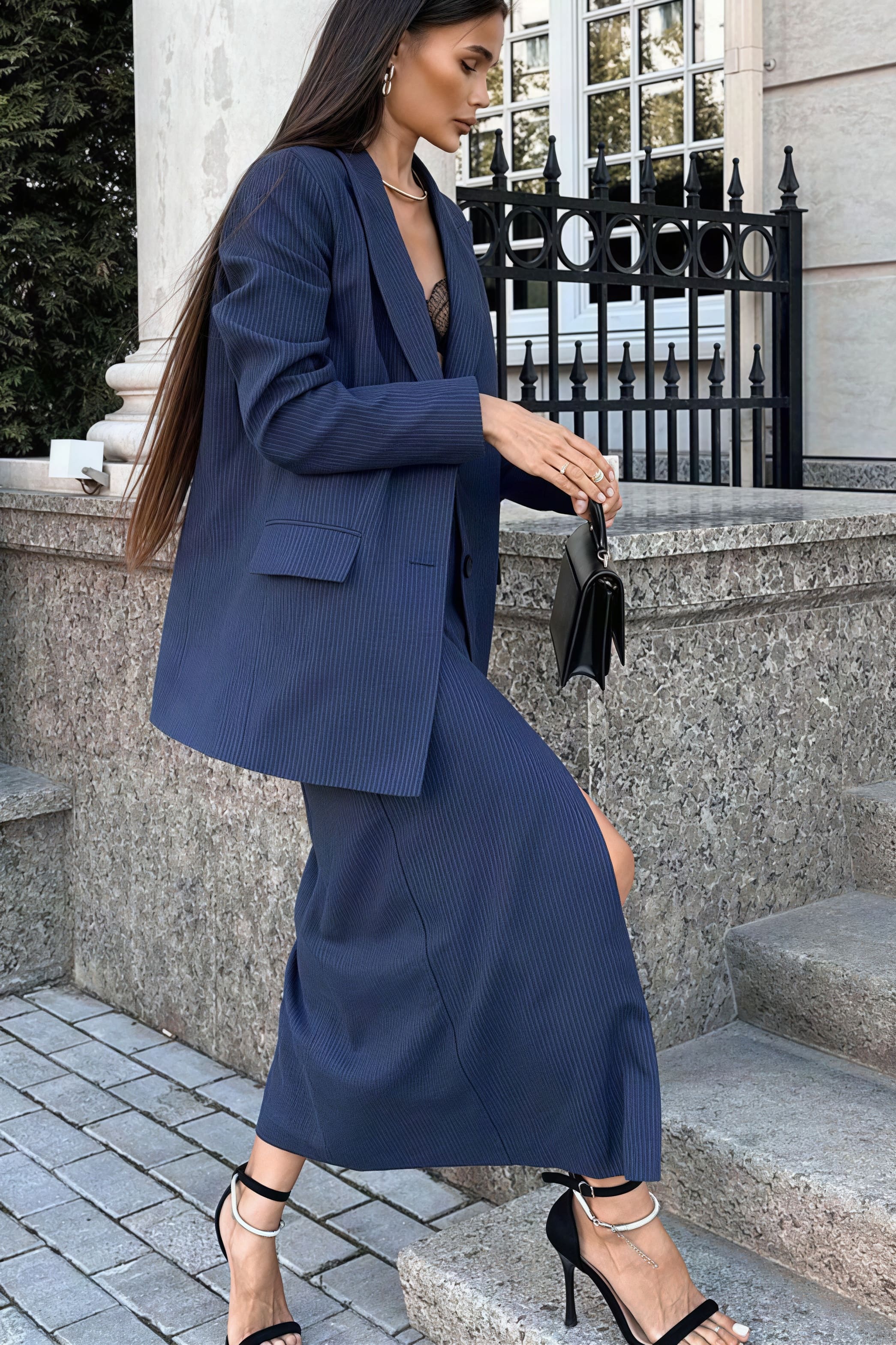Striped Lapel Long Sleeve Blazer Slit Skirt Set