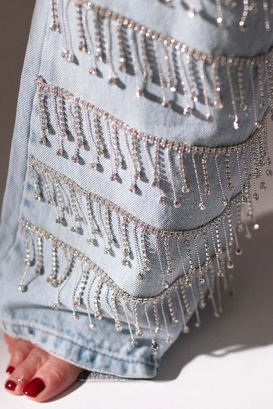 Rhinestone Tassel Straight Leg Jeans