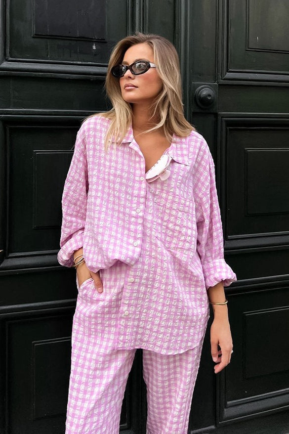 Completo casual largo a due pezzi a quadri rosa