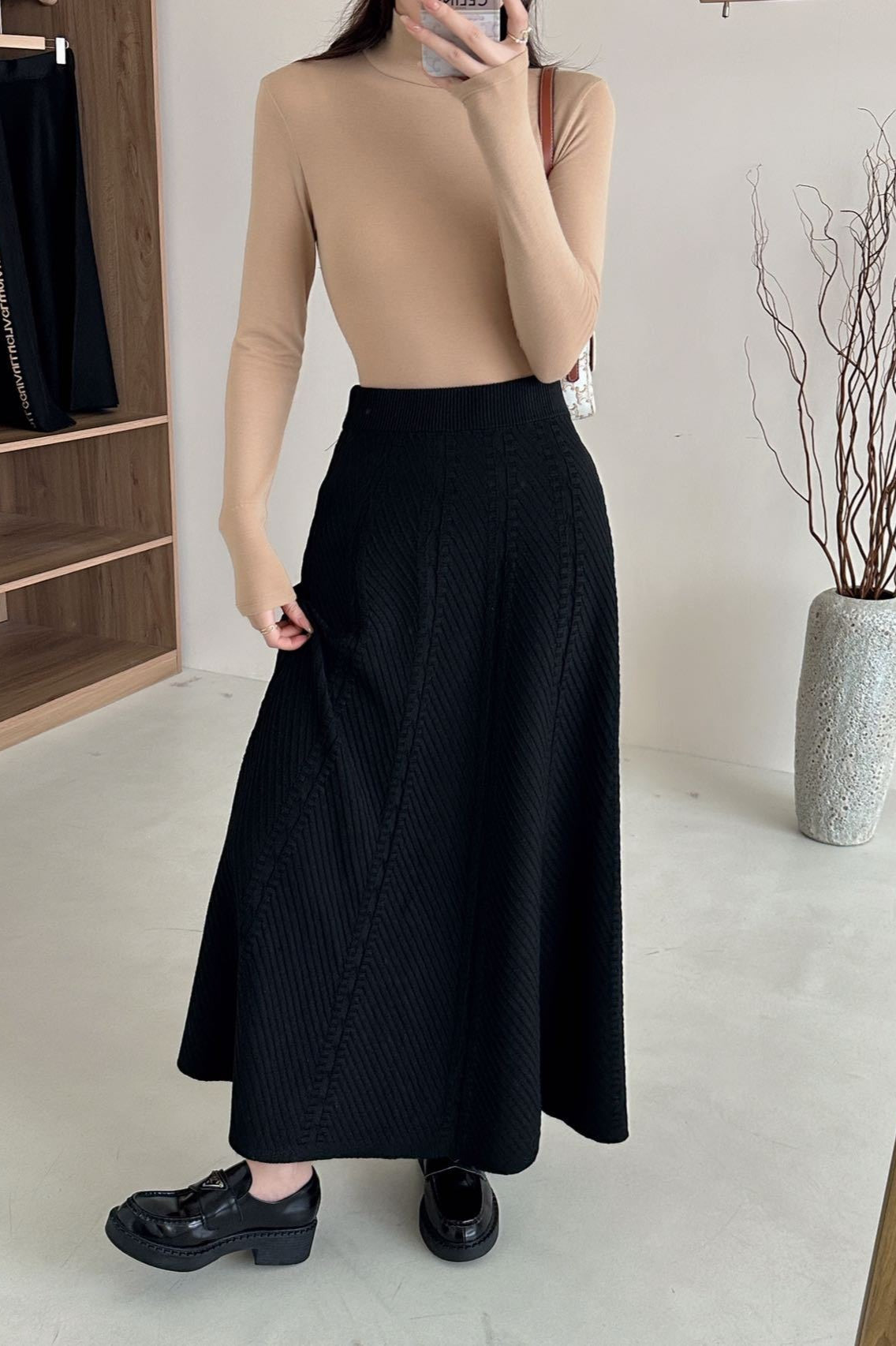Vintage Textured-Knit High-Waist Maxi Skirt