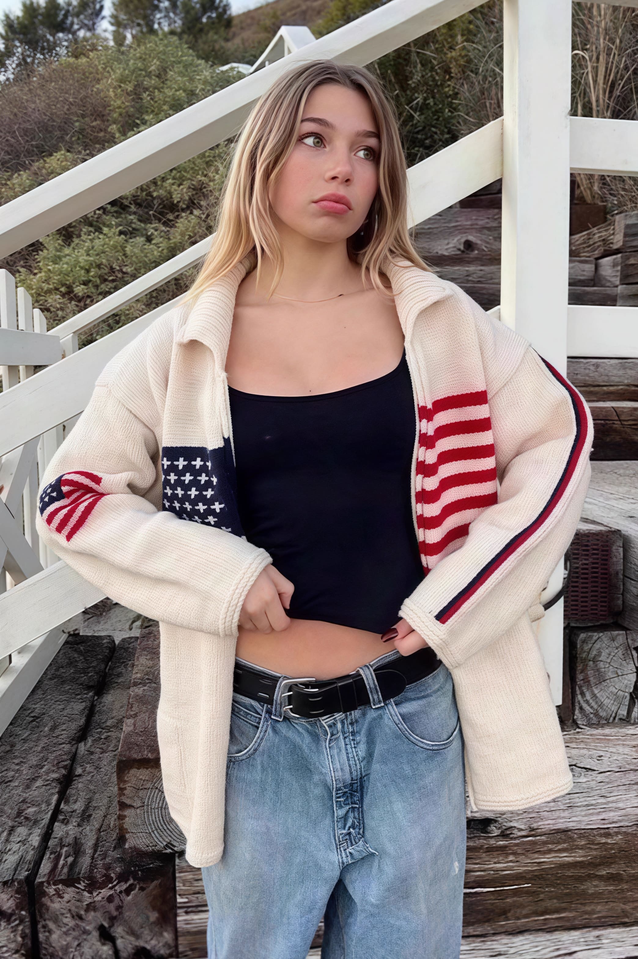 Warm Flag Print Stylish Knit Cardigan