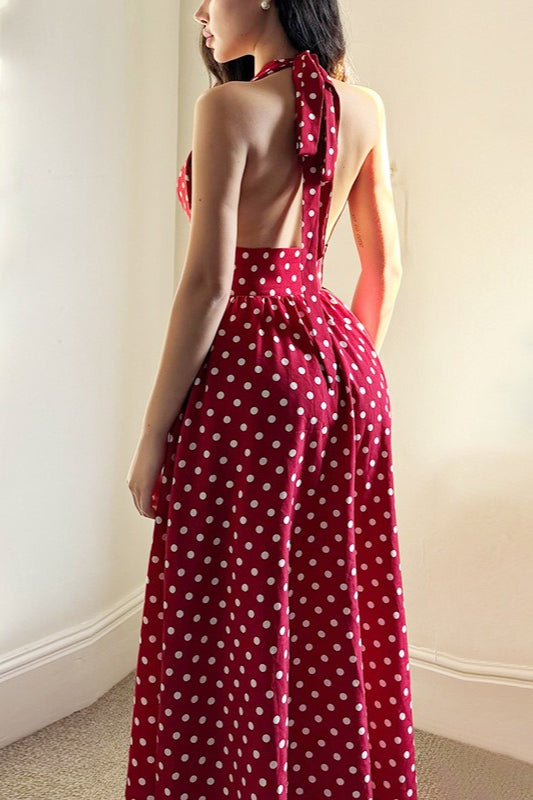 Vestido Longo Vermelho com Estampa de Poás, Decote V, Halter e Costas Nuas