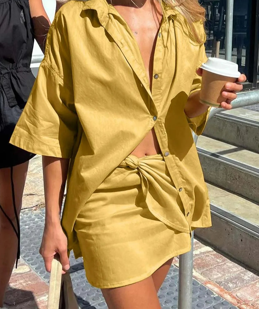 Yellow Loose Half Sleeve Mini Office Two Piece Set