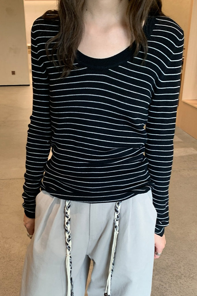 Wool Striped Round Neck Knit Top