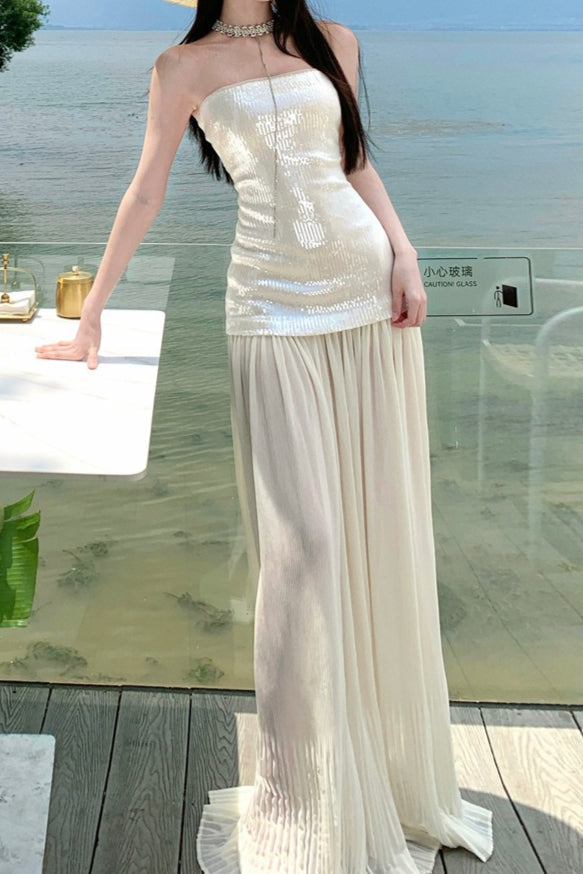 Pailletten-Patchwork Trägerloses Fließendes Maxikleid