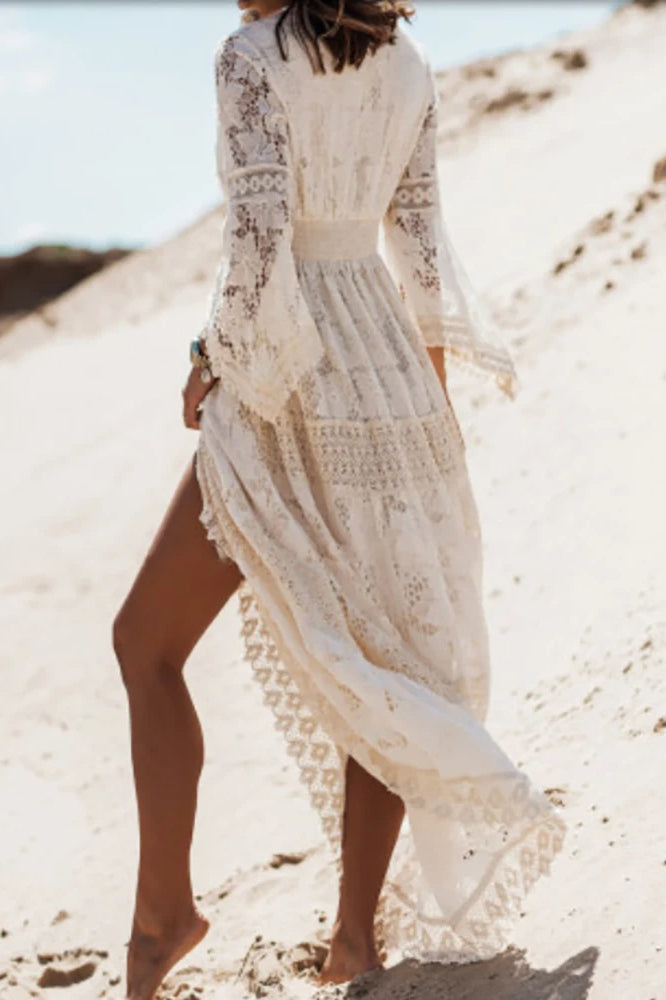 Lace V Neck Hollow Boho Dress