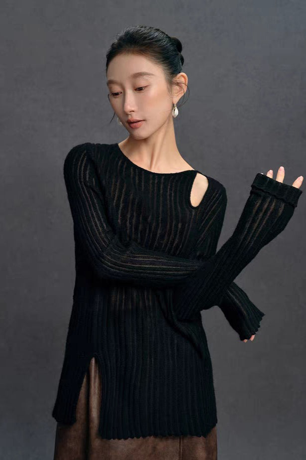 Yaohua Xiyan French Elegant Wool Openwork Ribbed Knit Top