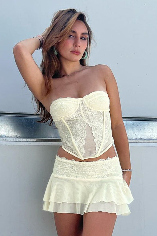 Conjunto Sexy de Falda de Doble Capa y Bandeau Transparente de Encaje