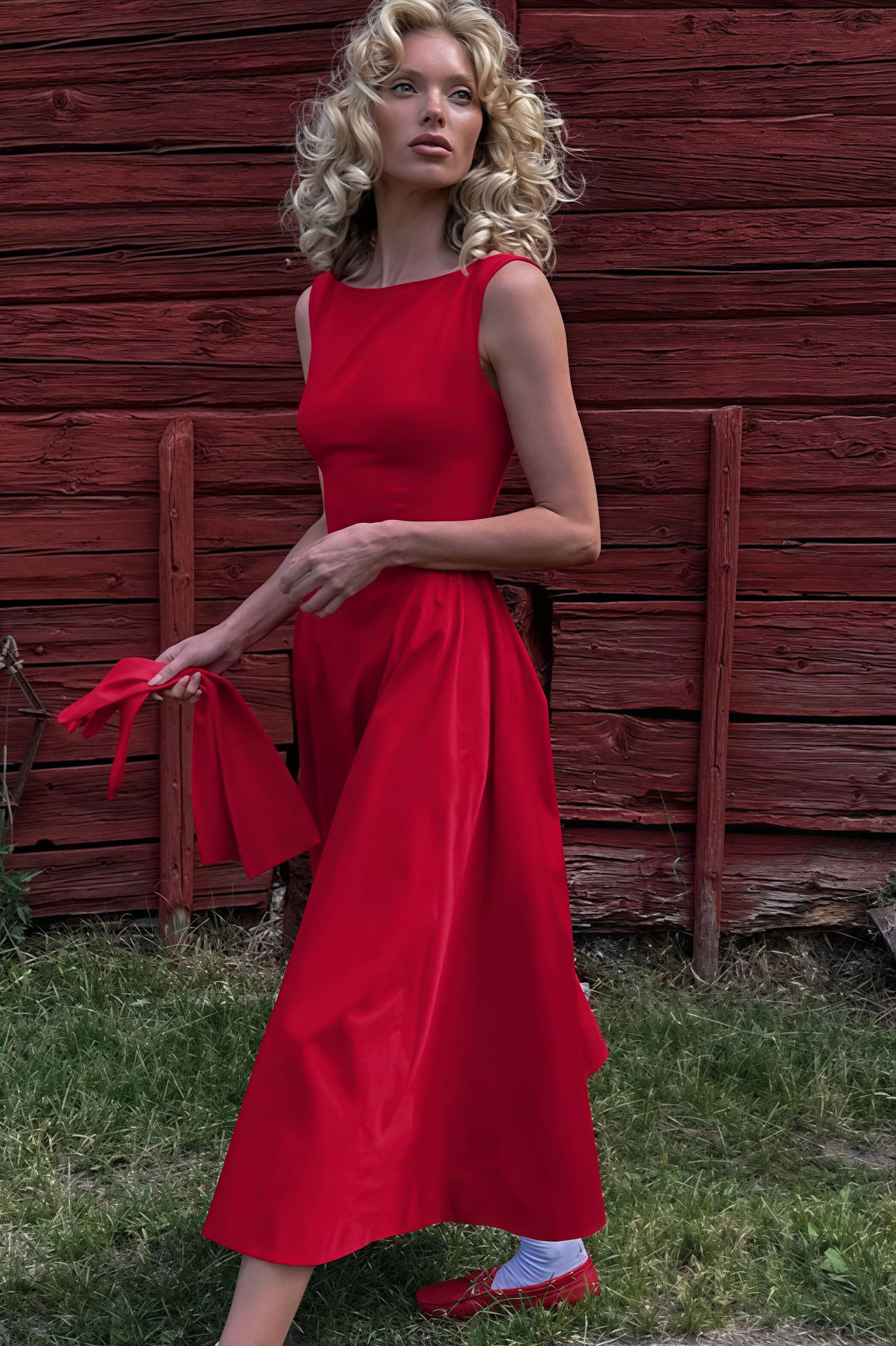Vestido midi ajustado sin mangas sólido de moda con cintura