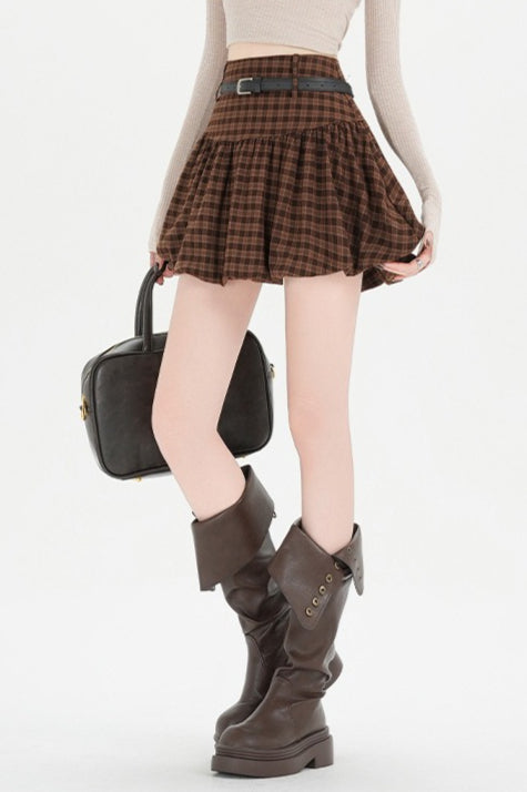 Plaid Bubble A-line Khaki Short Skirt