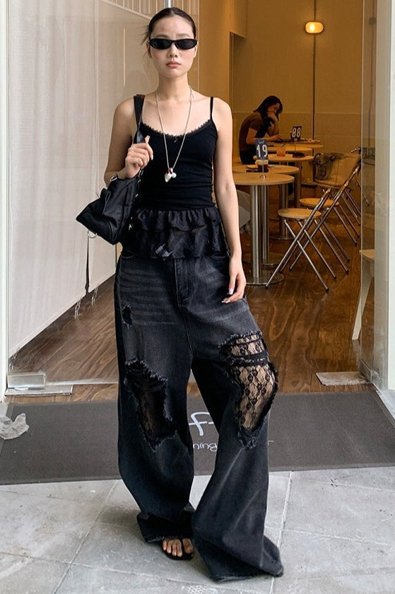 Lace Panel Ripped Wide Leg Jeans