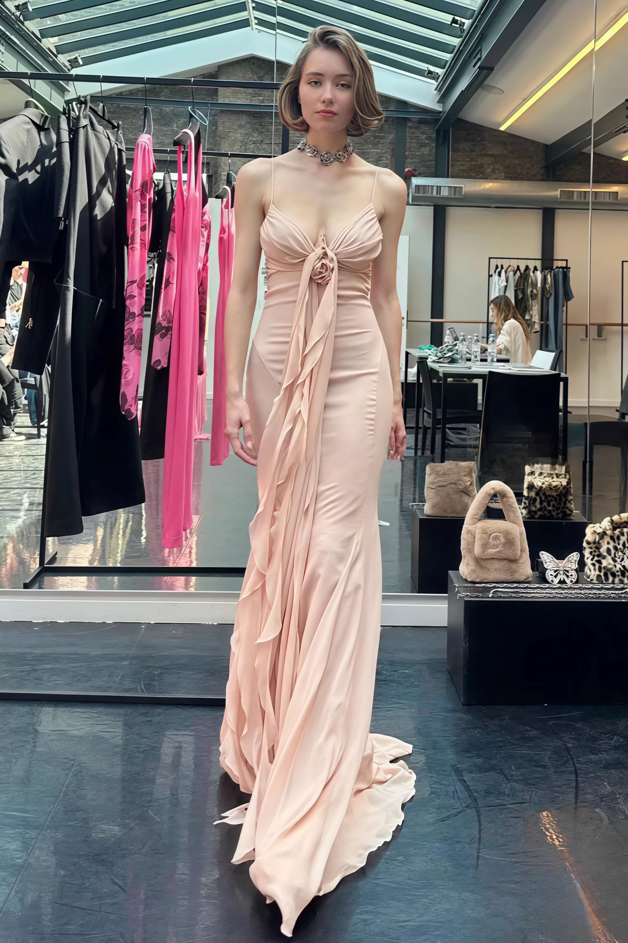 3D-Rosen fließendes Maxikleid mit Spaghettiträgern und rückenfrei