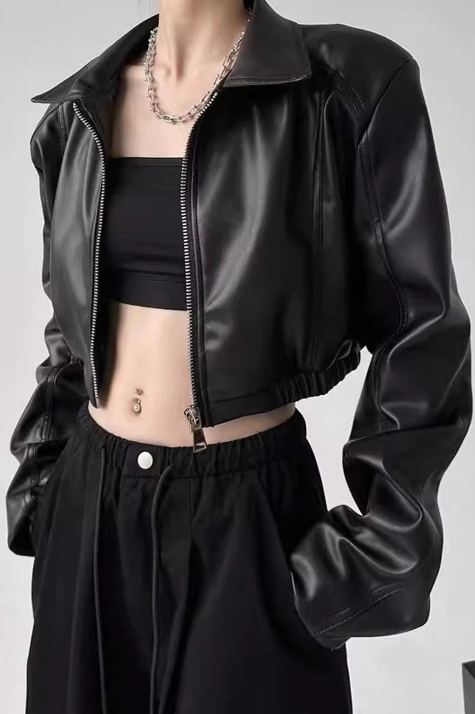 Turn Down Collar Biker Short Jacket
