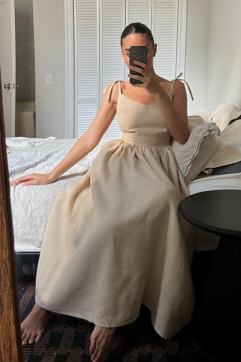 Cotton V Neck Spaghetti Strap Elegant Tie Backless Midi Dress