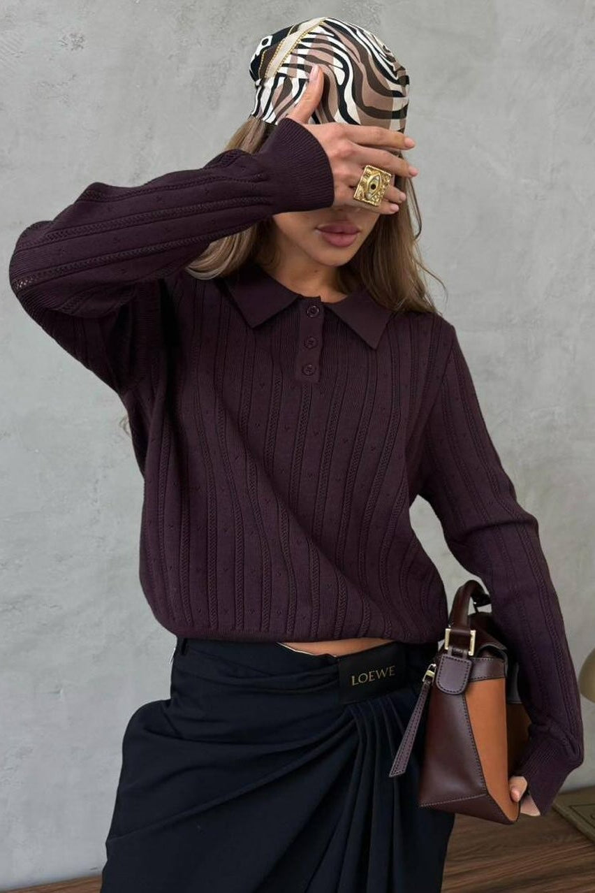 Jacquard Polo Collar Long Sleeve Loose Blouse