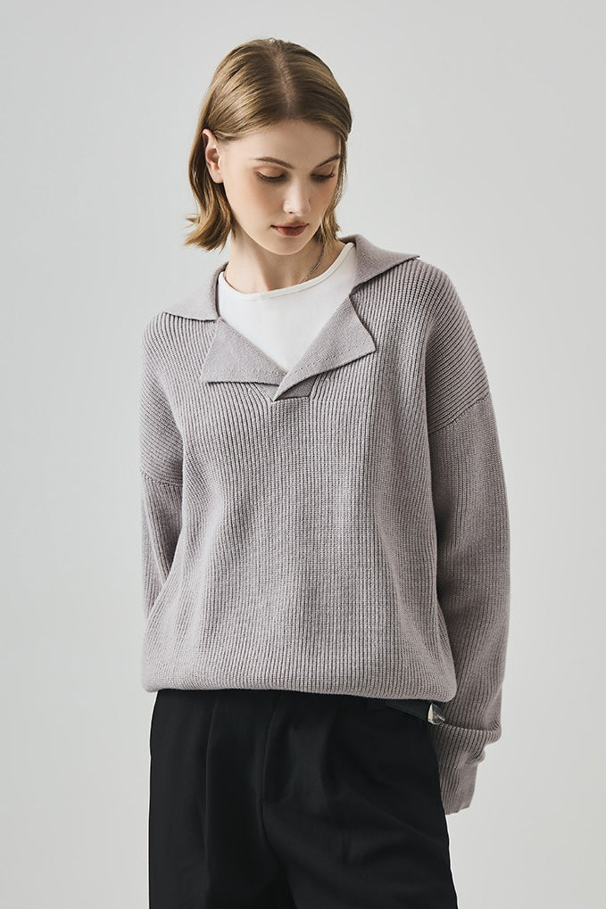 Oversized Lazy V-Neck Long-Sleeve Knit Top