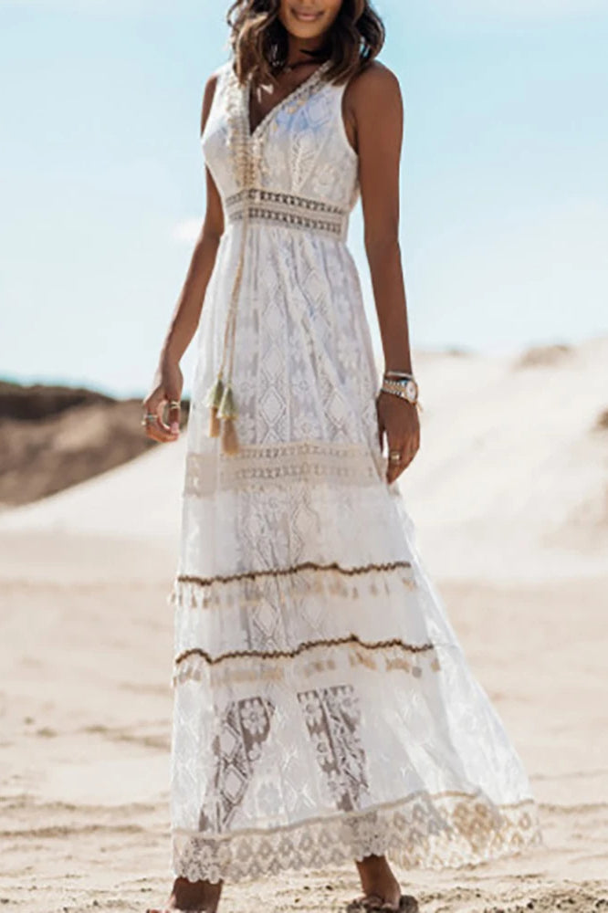 Lace V Neck Hollow Boho Dress
