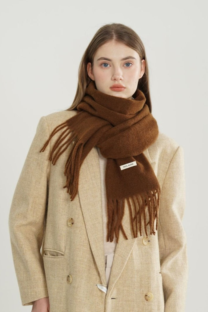Solid Woven Fringe Wool Blend Scarf