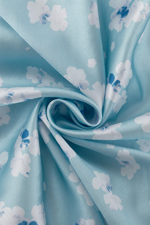 Langärmliges Satin-Kleid mit Kragen, hoher Taille und Blumenmuster