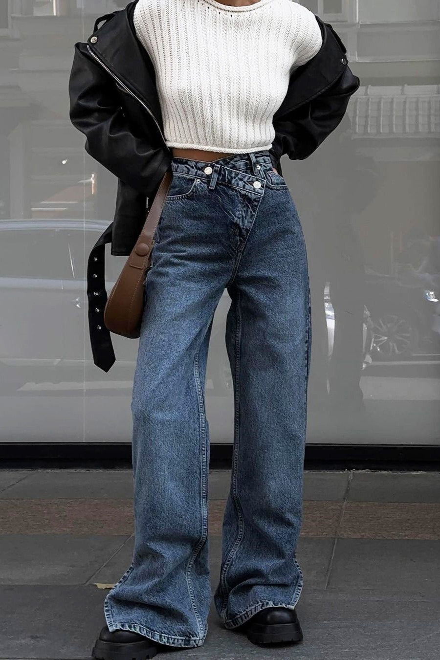 High Waist Asymmetrical Waist Split Straight Jeans