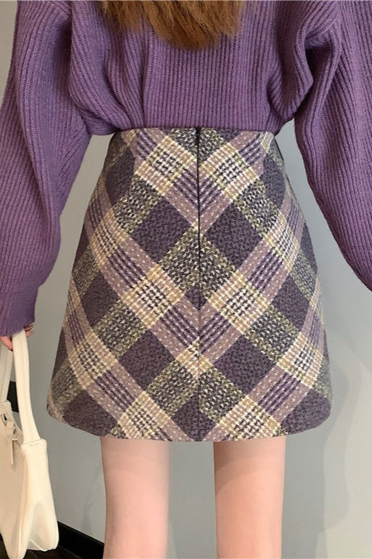 Wool Plaid High Waist A-Line Skirt