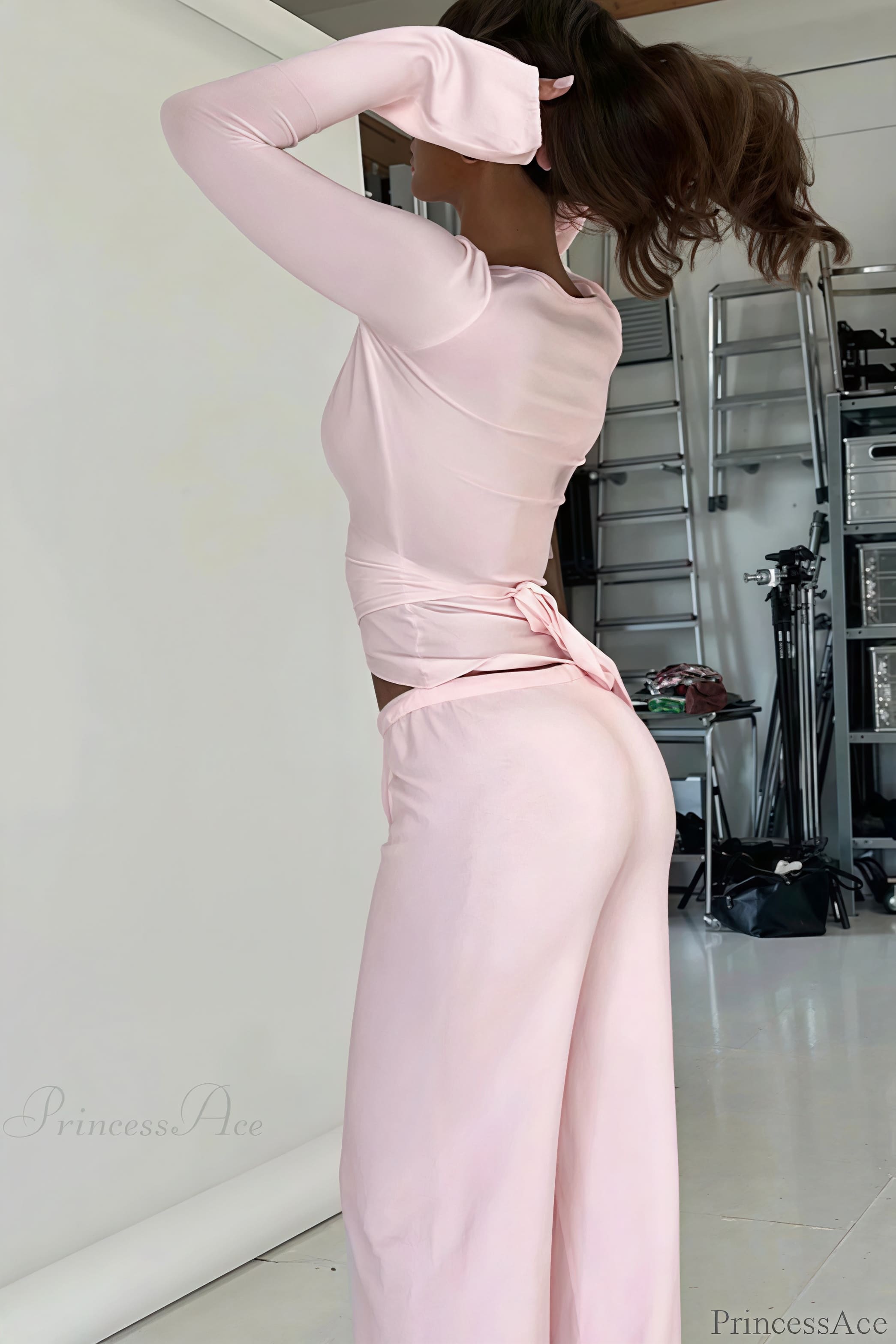 Conjunto de dos piezas: blusa ajustada sexy con escote en V estilo año 2000 y pantalones casuales