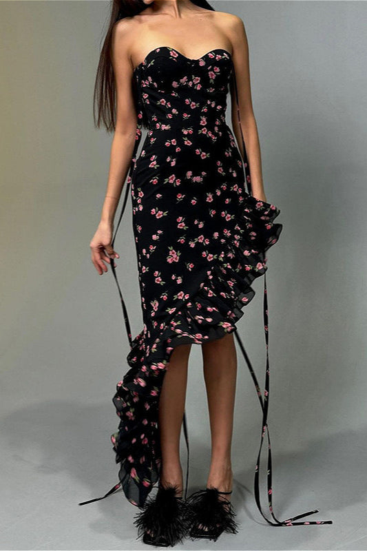 Lace Up Ruffle Mesh Floral Dress