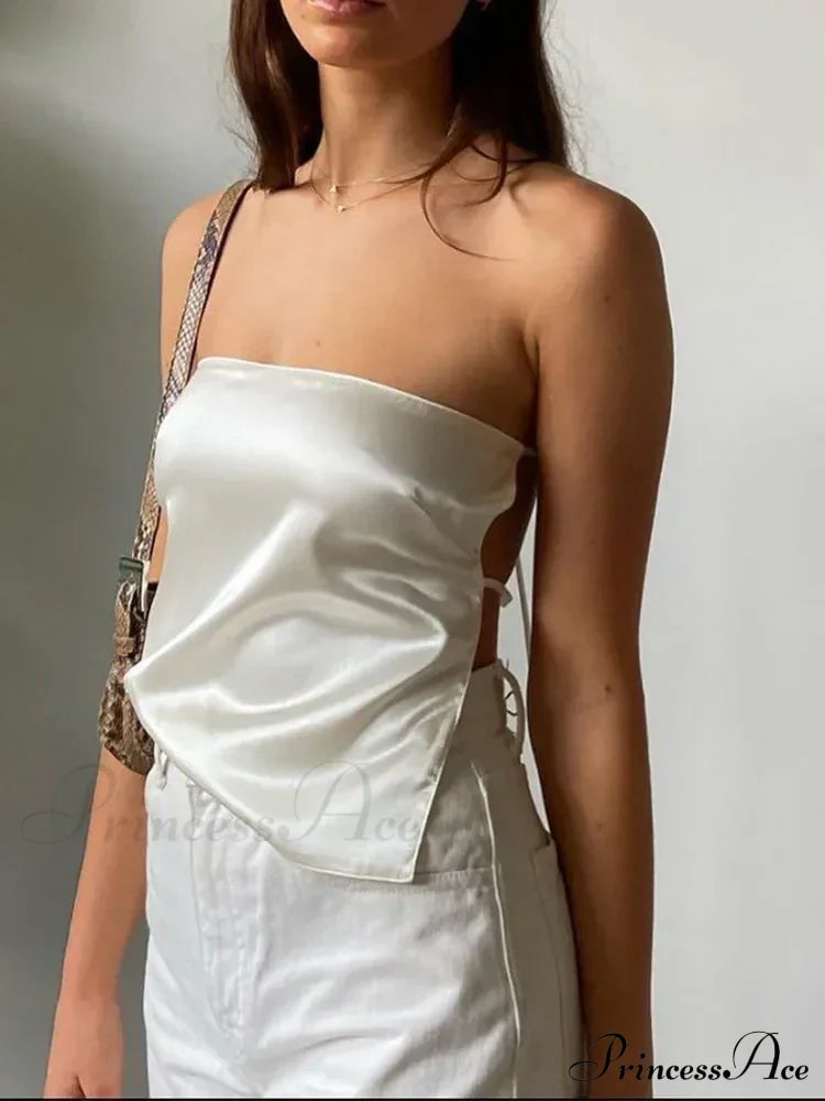 Satin Backless Crop Women Green Summer Cami Bandage Sleeveless Strapless Off Shoulder Tank top