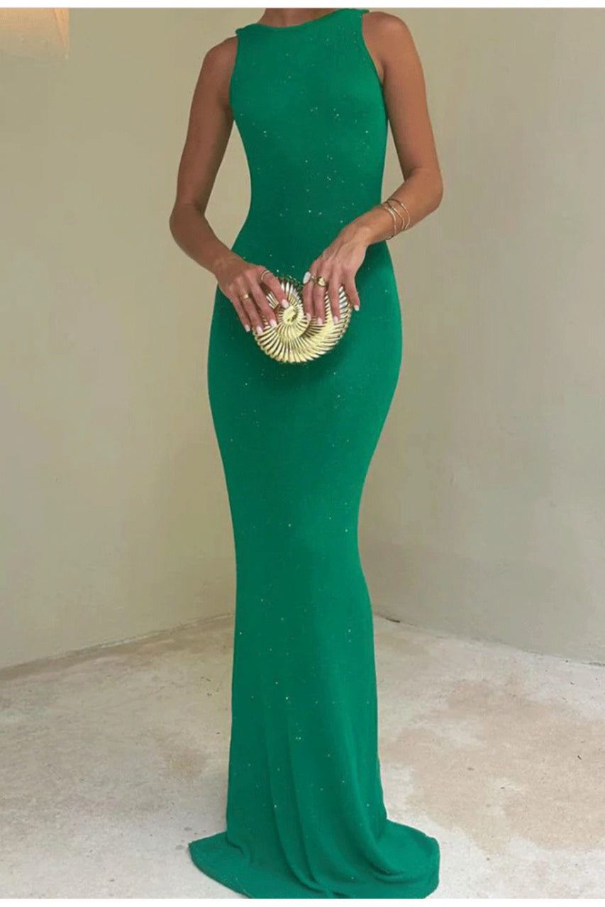 Sexy glänzendes ärmelloses rückenfreies eng anliegendes langes Kleid