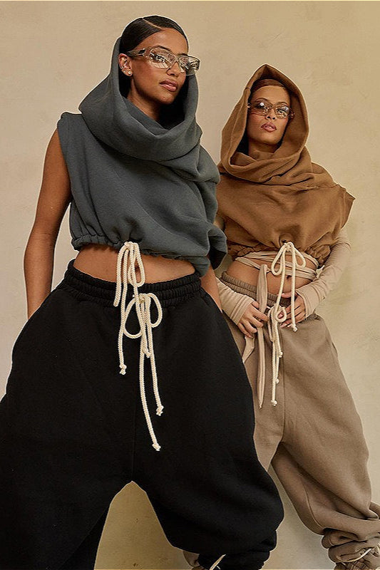 Solid Casual Wide Collar Cropped Hoodie