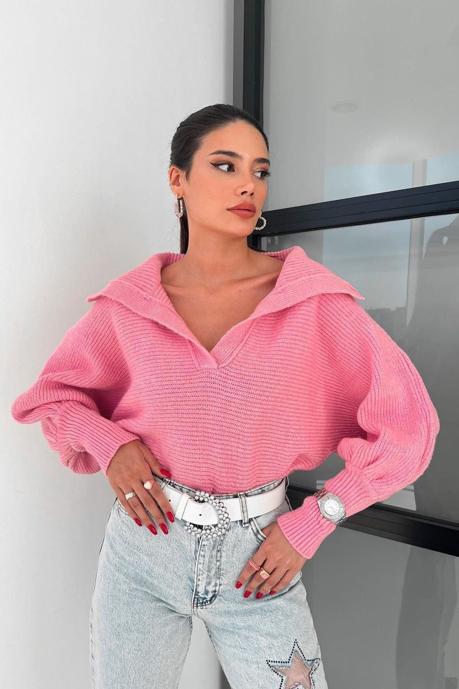 Pullover mit Laternenärmeln und offenem Kragen aus Strick