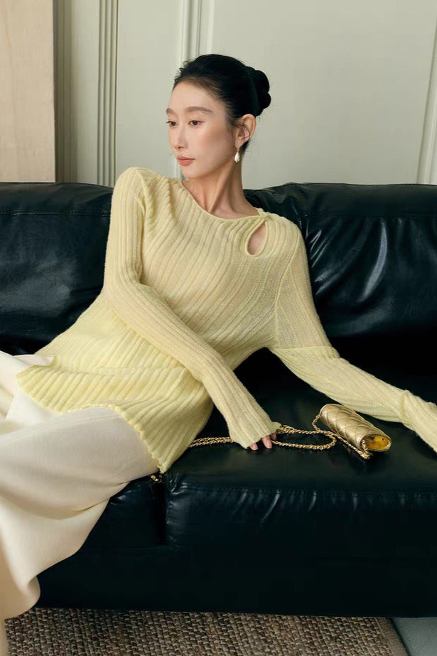 Yaohua Xiyan French Elegant Wool Openwork Ribbed Knit Top