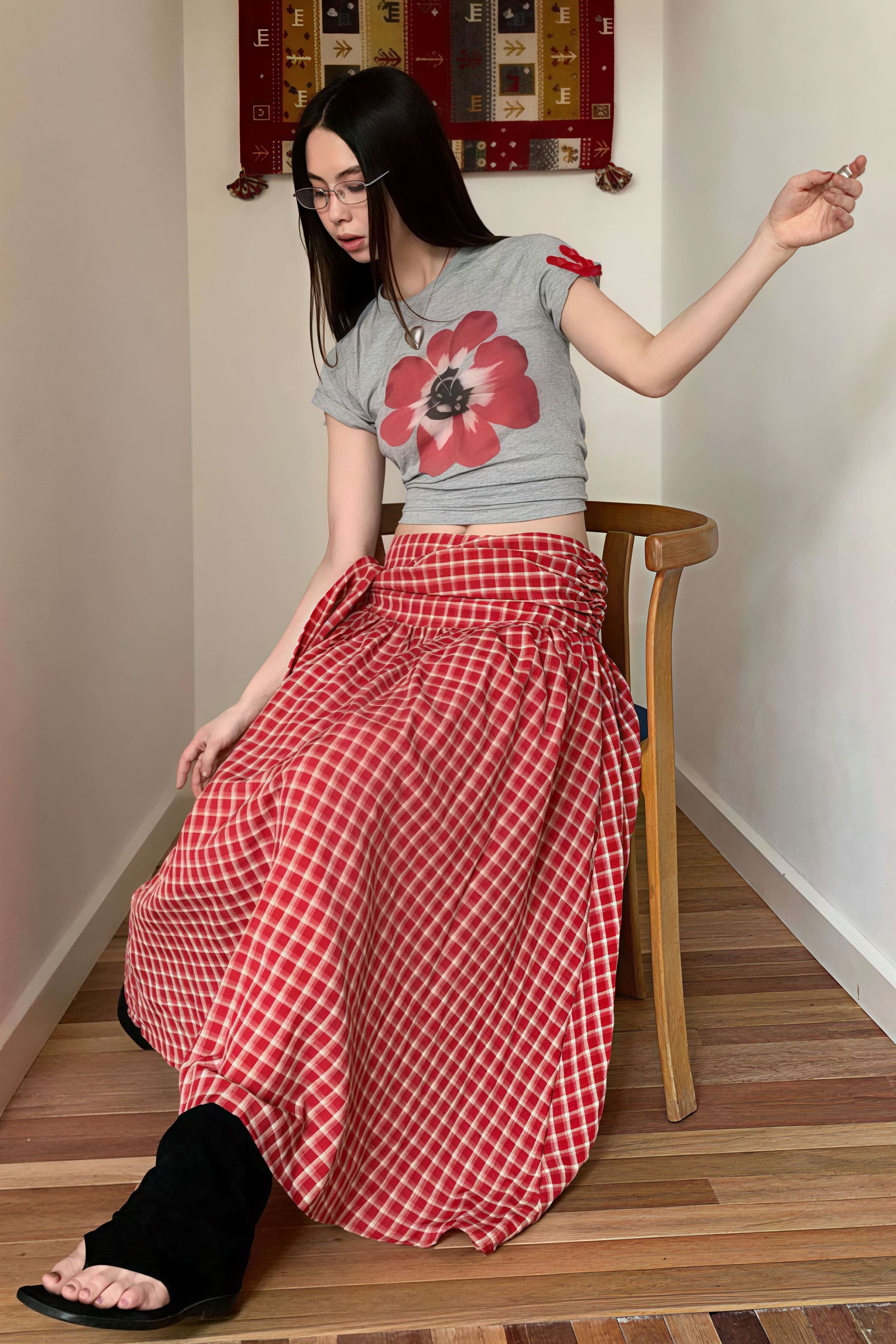 Color Block Plaid Tie Side Zip Loose Skirt