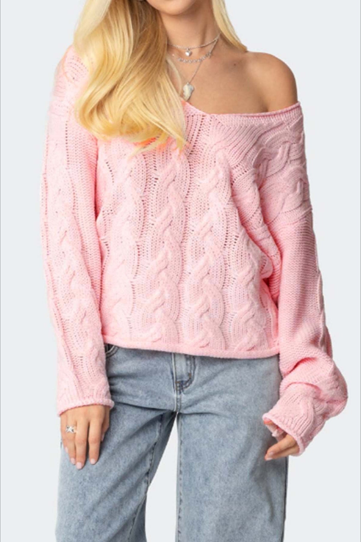 Solid Color V-Neck Cable-Knit Loose Sweater