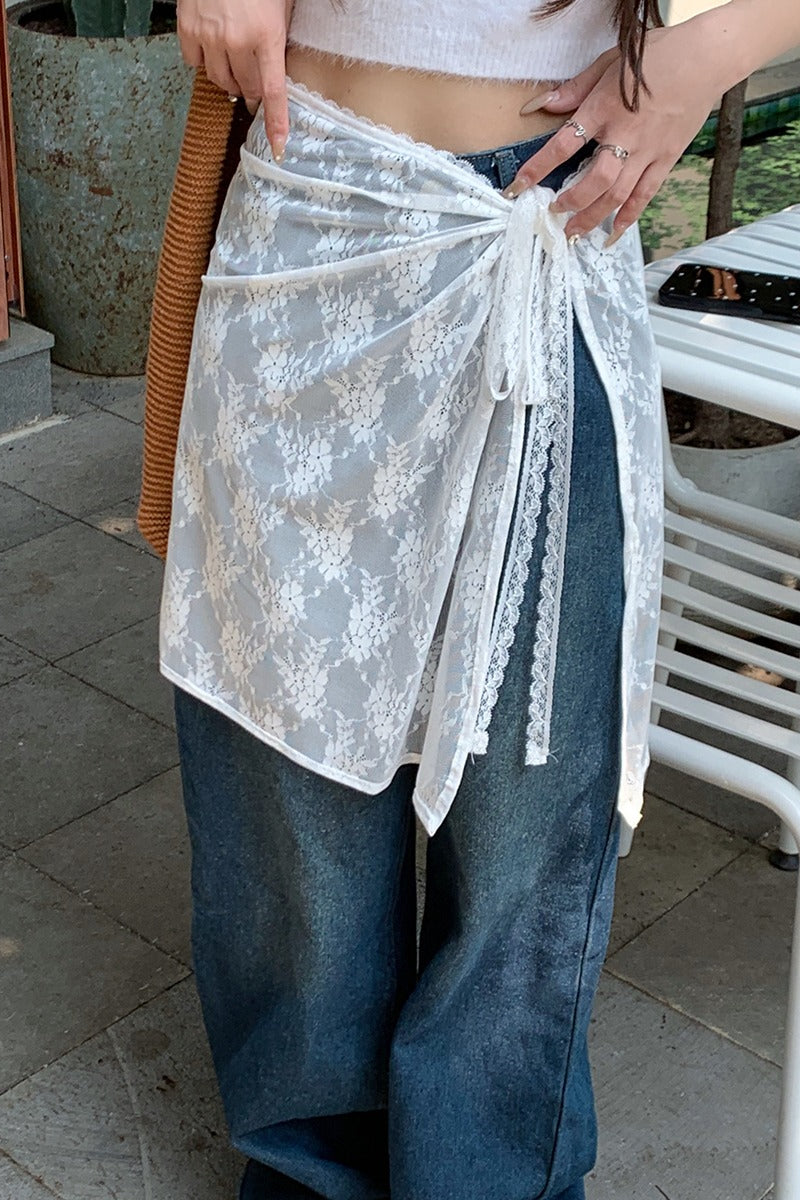 Bílá krajková zástěra sukně s páskem Univerzální poloviční sukně