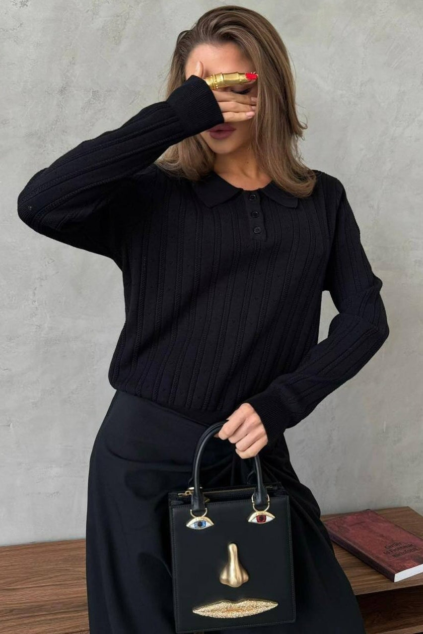 Jacquard Polo Collar Long Sleeve Loose Blouse