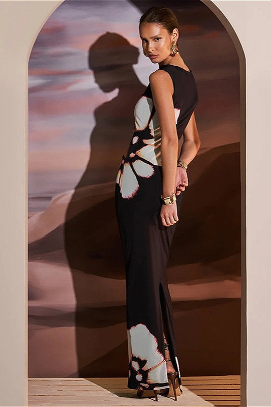Schwarzes ärmelloses Kleid mit O-Ausschnitt und floralen Cut-Outs