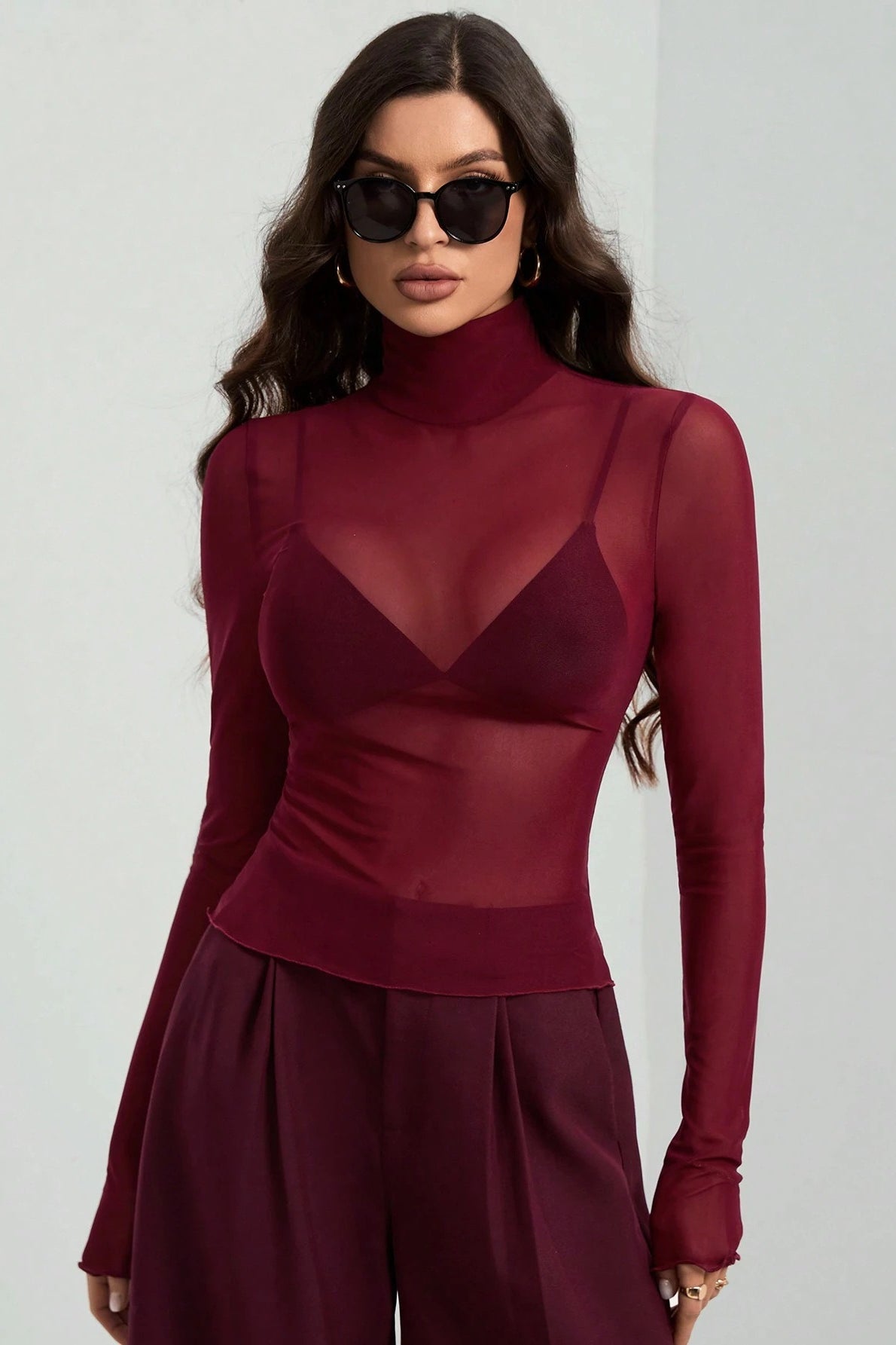 Stand Collar Solid Mesh Slim Fit Long Sleeve Tee