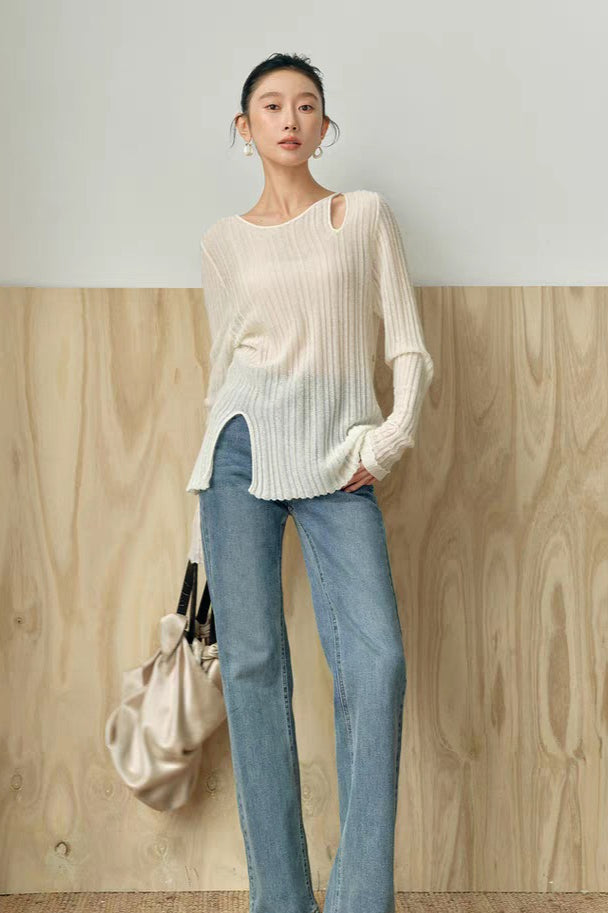 Yaohua Xiyan French Elegant Wool Openwork Ribbed Knit Top