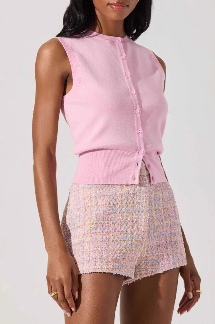 Round Neck Button Front Knit Top