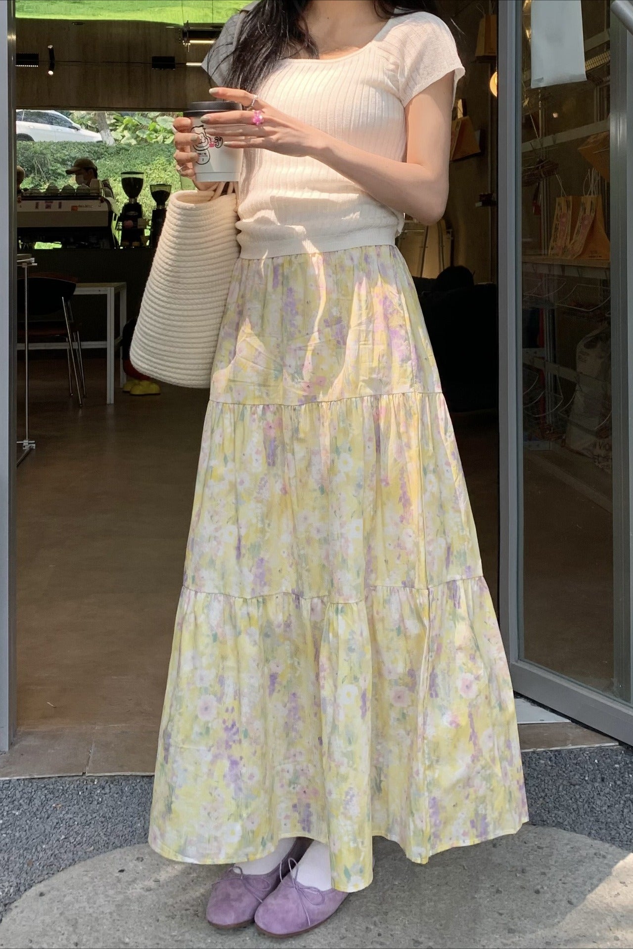 Monet Garden Yellow Floral Midi Skirt