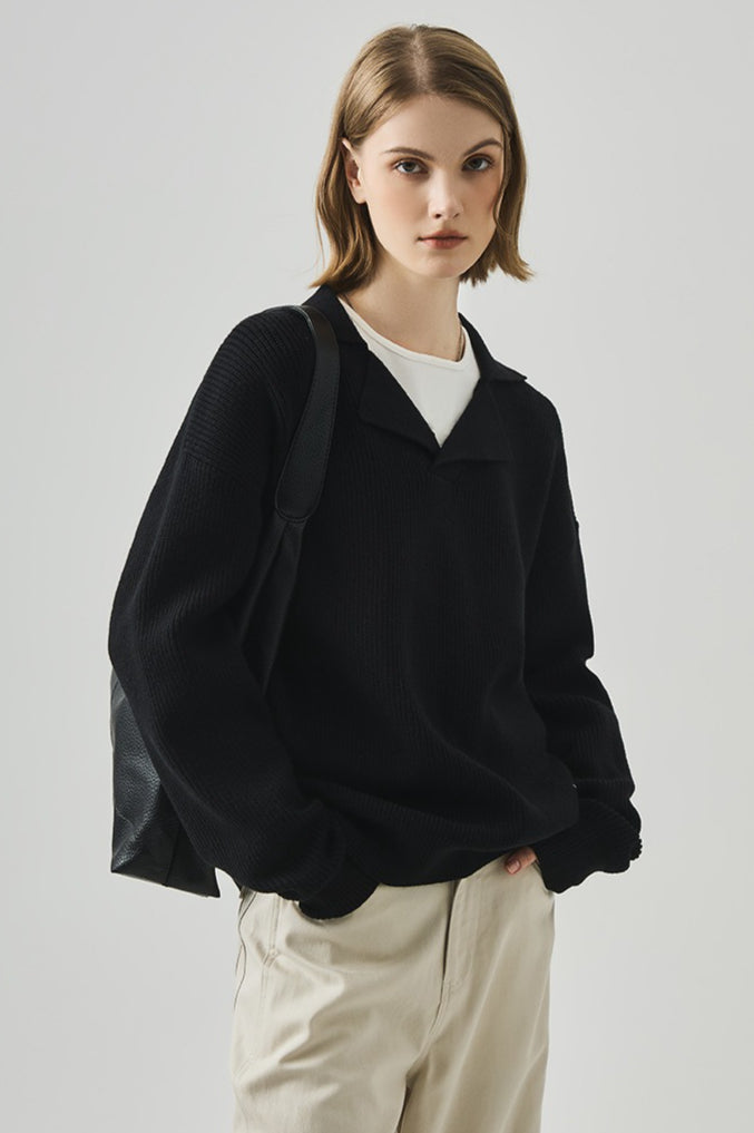 Oversized Lazy V-Neck Long-Sleeve Knit Top