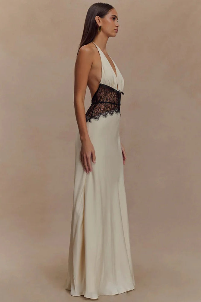 Spitzen-Patchwork Rückenfreies Neckholder Boho-Kleid