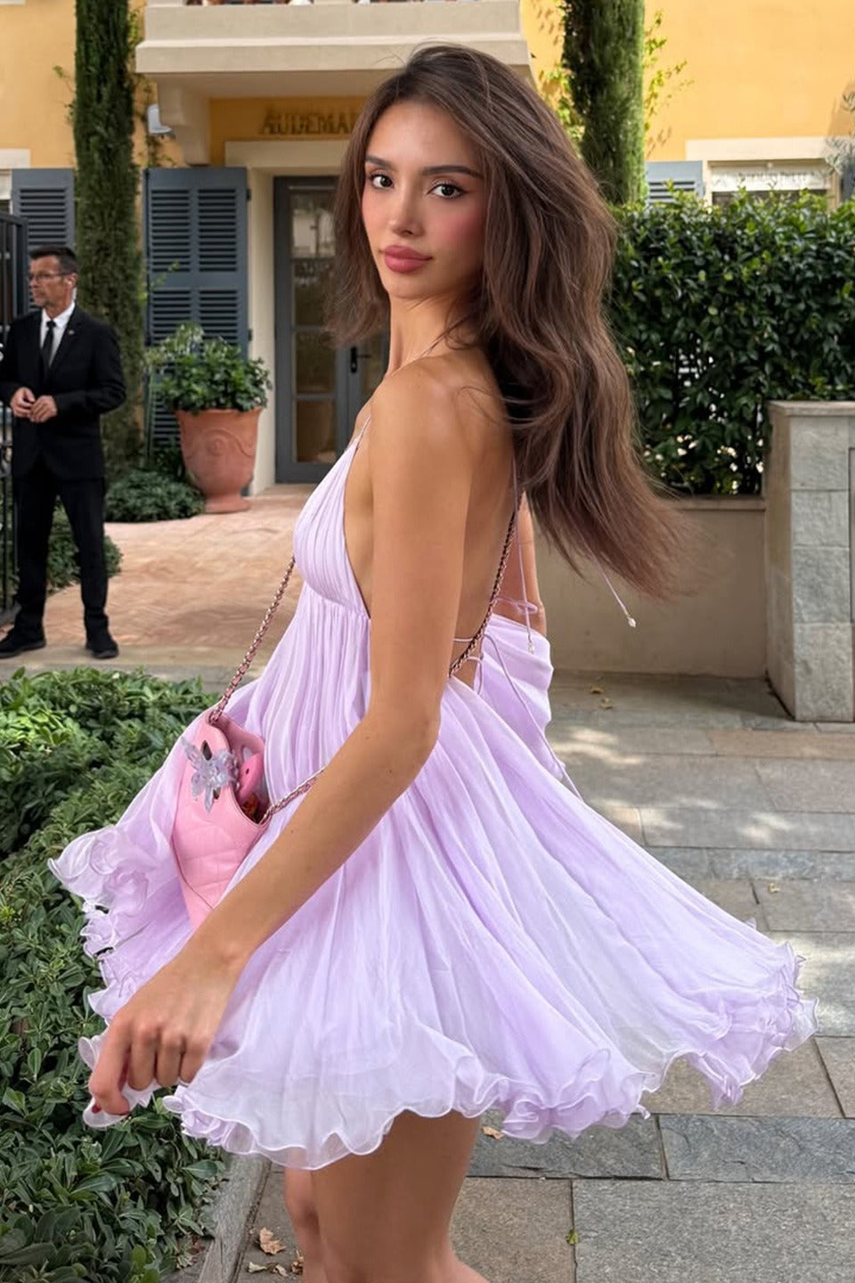 V-Ausschnitt Sexy Gebundene A-Linien Kleid mit Rüschen Mini